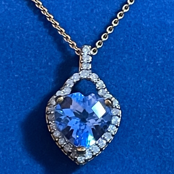 Blue Topaz Heart Pendant Hand Cut 4 Carats Diamonds 18K Gold Vermeil Gif… - Picture 6 of 6